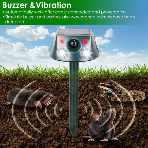 Solar & Type-C Rechargeable Animal Repeller - 3 Modes Ultrasonic+Buzzer+Vibration, IP66 Waterproof, 2200mAh Battery, Repels Moles Bats Squirrels Birds For Yard Garden Farm