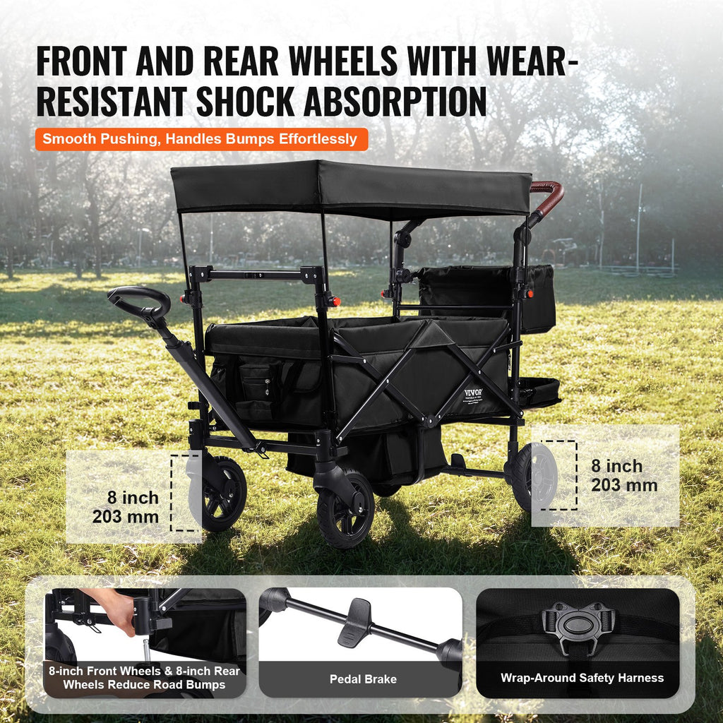 Wagon Stroller For 2 Kids, Push Pull Quad Collapsible Stroller With Adjustable Handle, Encircling Harness Removable Canopy, 4 Wheels With Brakes, Mutifunction Tandem Stroller For Camping Black