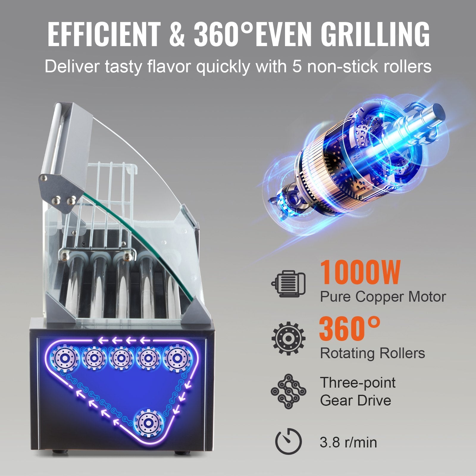 Hot Dog Roller 5 Rollers 12 Hot Dogs Capacity, 750W Stainless Sausage Grill Cooker Machine With Dual Temp Control Glass Hood Acrylic Cover Bun Warmer Shelf Removable Oil Drip Tray ETL Certified