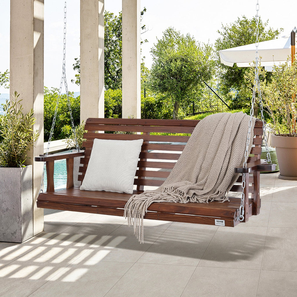 Wooden Porch Swing 5.5 Ft, Patio Bench Swing For Courtyard & Garden, Upgraded 880 Lbs Strong Load Capacity, Heavy Duty Swing Chair Bench With Hanging Chains For Outdoors, Brown