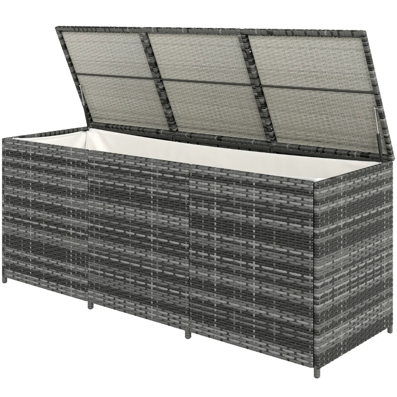 175 Gallon Outdoor Storage Box With Inner Liner, PE Rattan Wicker Deck Box With Pneumatic Bar Lift, Mixed Gray