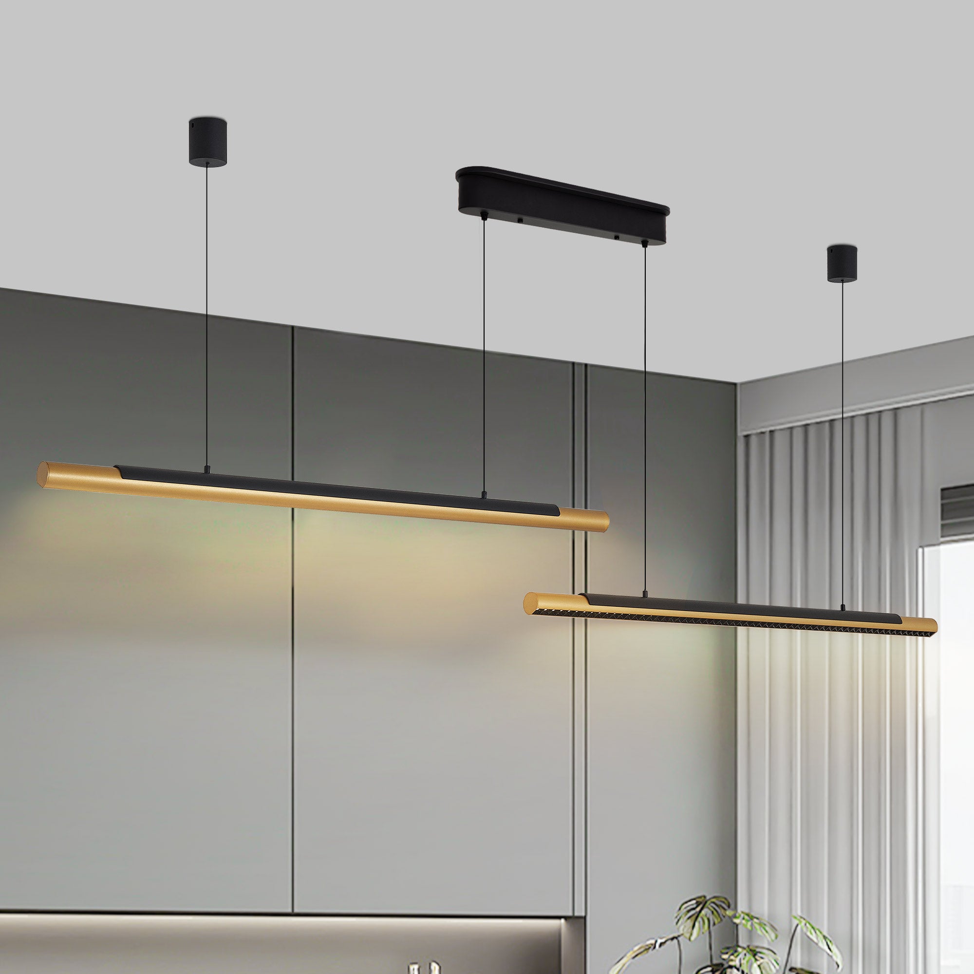 75-inch Modern Black And Gold LED Pendant Light, Adjustable Hanging Light For Dining Room, Kitchen, Living Room Sleek Dual Tube Design