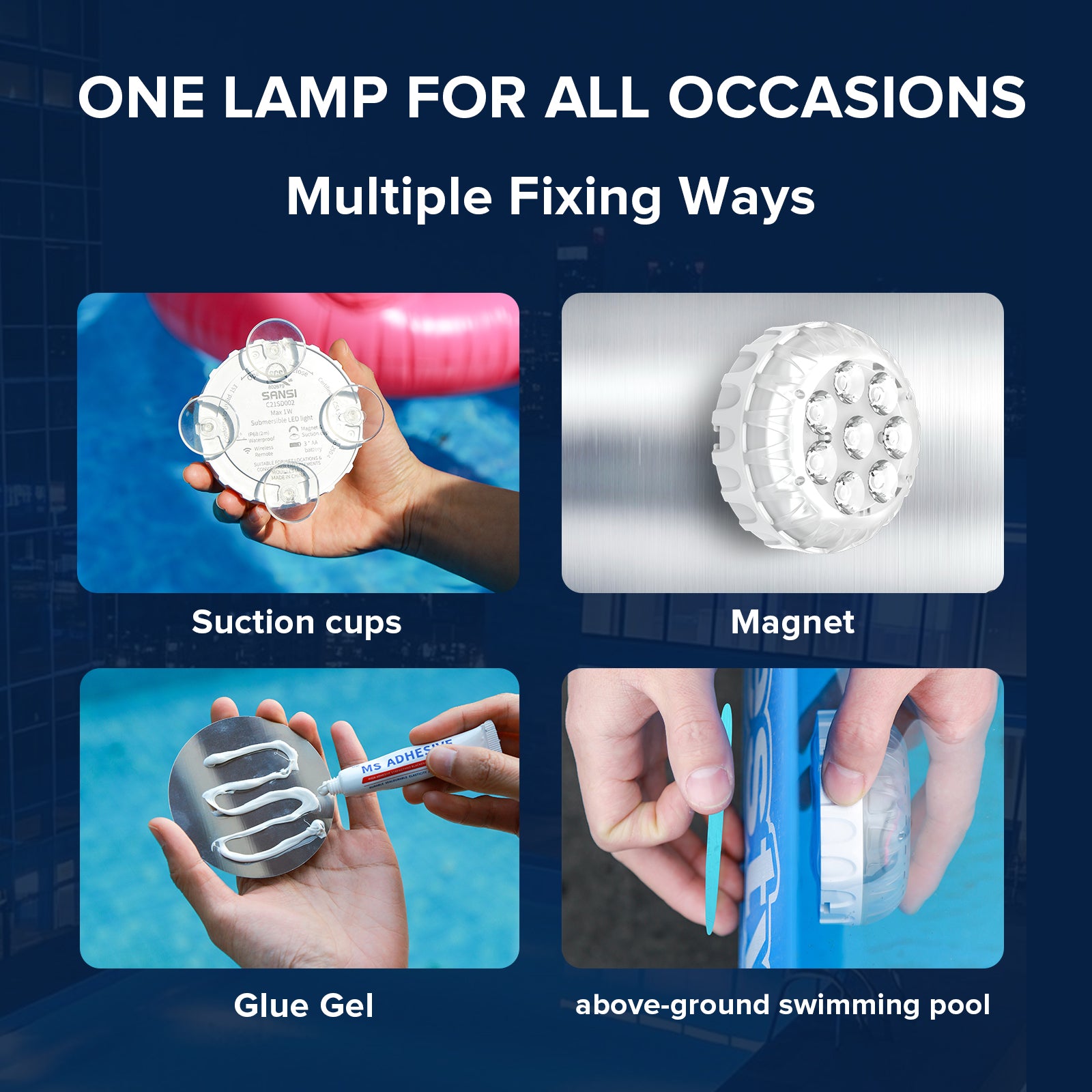 SANSI IP68 Waterproof RGB Pool Light, Summer Rechargeable 20Hrs Outdoor LED Lamp For Swimming Pool,Pond,Shower,Bath