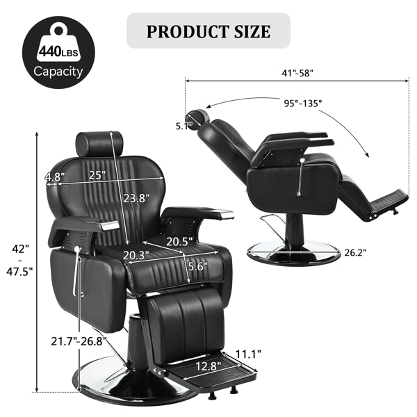 Heavy Duty Reclining Barber Chair,All Purpose Hydraulic Recline Barber Chair Salon Beauty Styling Chair360° Swivel&Height Adjustable,for Barber Shop & Beauty Salon,Spa Tattoo Styling Equipment,Black