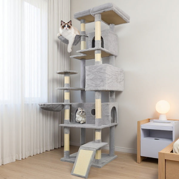84.6 In Light Gray Cat Tree Tower With Wide Base, 3 Large Hinding Condo, 11 Sisal Scratching Post, Sisal Scratching Ladder, 2 Hammocks, Large Top Platform, Many Landing Perch And Interactive Toy