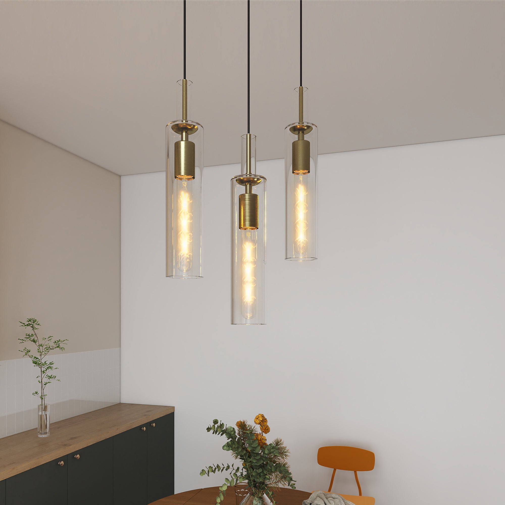 Gold Pendant Light Fixtures, 3 Pack Modern Pendant Lighting With Clear Striped Glass Shade, Hanging Pendant Lights Kitchen Island, Farmhouse Pendant Lighting For Dining Room Bedroom Bathroom