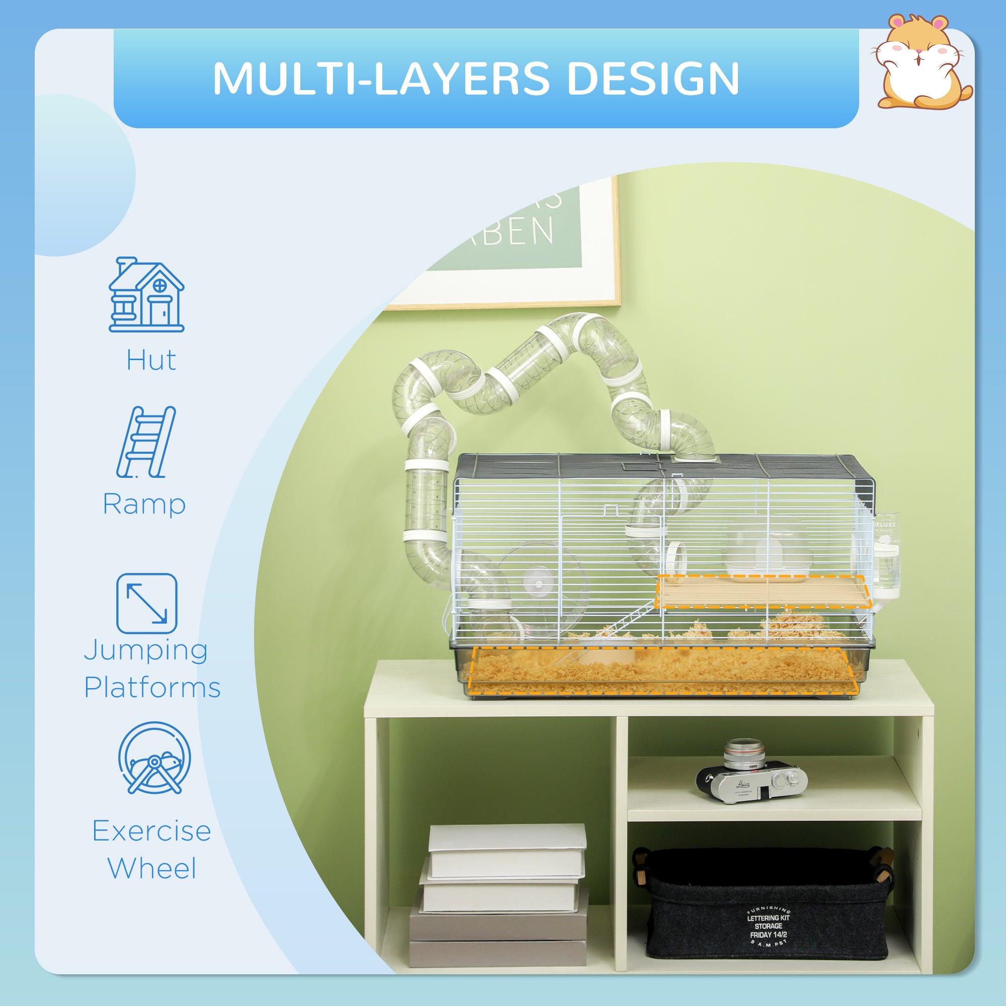 Small Animal Cage for Gerbil or Dwarf Hamster w/ Tubes, Exercise Wheel, Food Dish, Water Bottle, 23" x 13" x 12", Gray