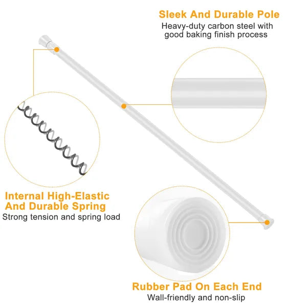 Tension Curtain Rod Spring Load Adjustable Curtain Pole Heavy-Duty Steel 4 Sizes For Bathroom Wardrobe Kitchen Balcony 200cm
