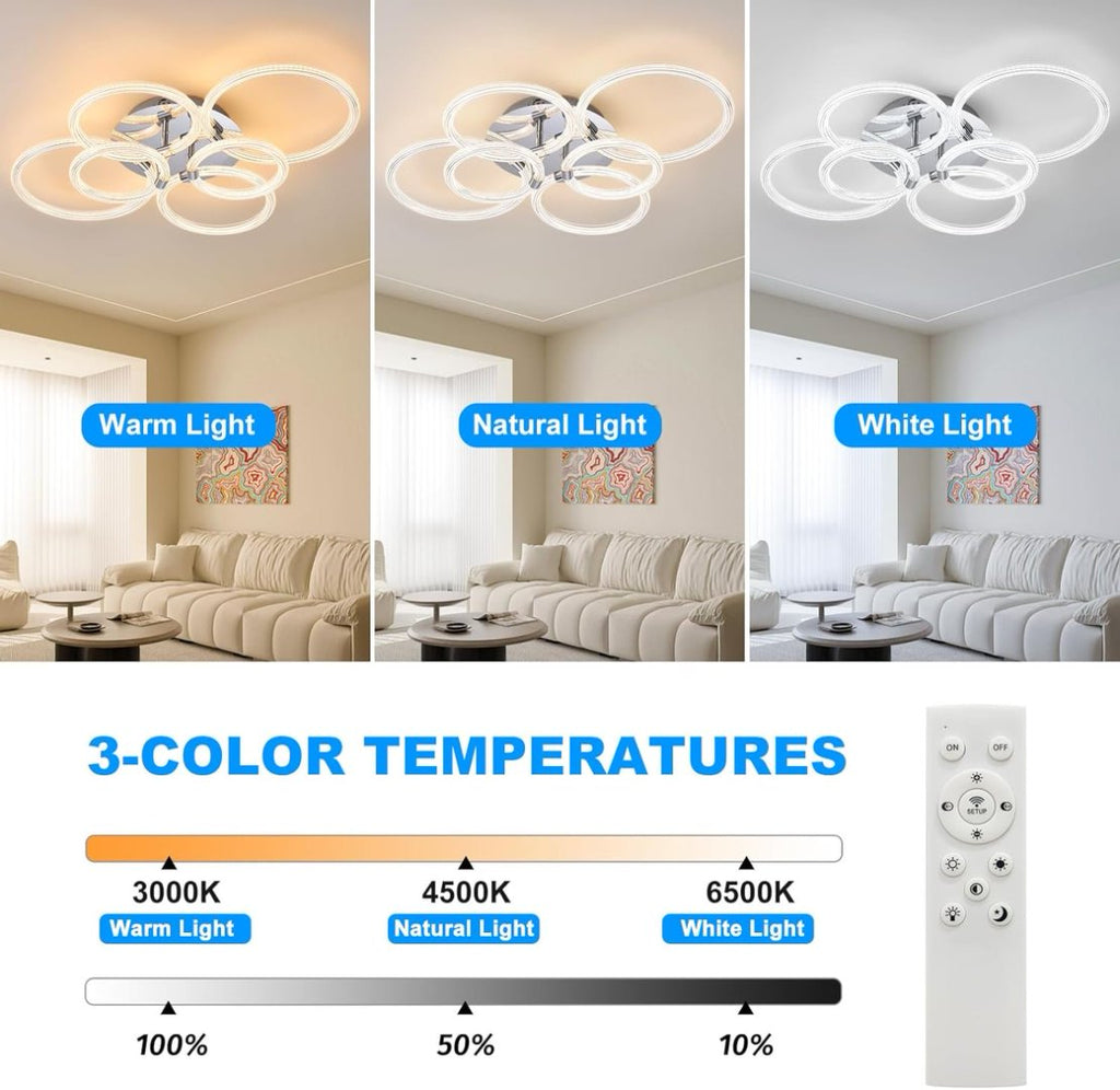 Modern LED Ceiling Light, Flush Mount Ceiling Light With Dimmable Remote Control, 6Rings Acrylic Ceiling Light Fixture For Bedroom, Living Room, Kitchen, Office Lamps 6 Heads