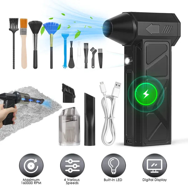 1Pc Compressed Air Duster With LED Light Vacuum Cleaner Max 160000RPM Speed For PC Keyboard Cleaning High Speed Rechargeable Cordless Air Blower With 4 Speeds For Home Car Outdoor