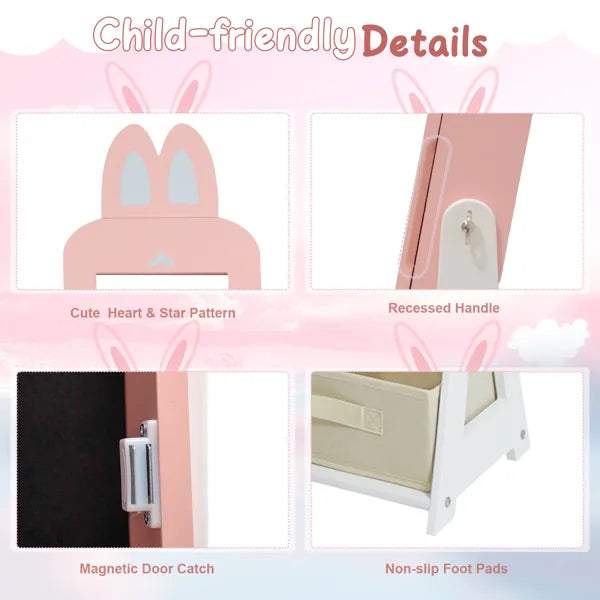 Pink Rabbit-themed MDF Cabinet With Spray Paint Finish, 1 Door And 1 Drawer, Children's Jewelry And Mirror Cabinet