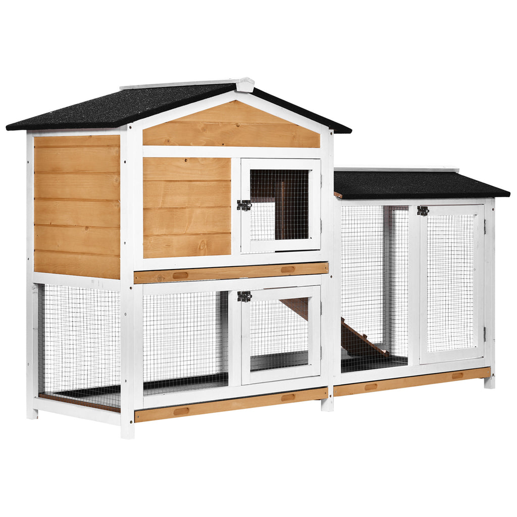 62" Rabbit Hutch, Wooden Bunny Hutch, Guinea Pig Cage, Small Animal Enclosure with Run Area, Removable Tray, Asphalt Roof, Lockable Doors and Ramp, for Rabbits, Chickens, Ducks, Nature Wood