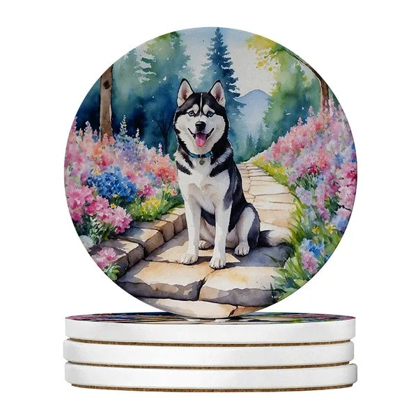 Silky Terrier Spring Path Large Sandstone Coasters Pack Of 4 Absorbent Round Coasters Decor Gifts For Men Or Women, 4 In, Multicolor