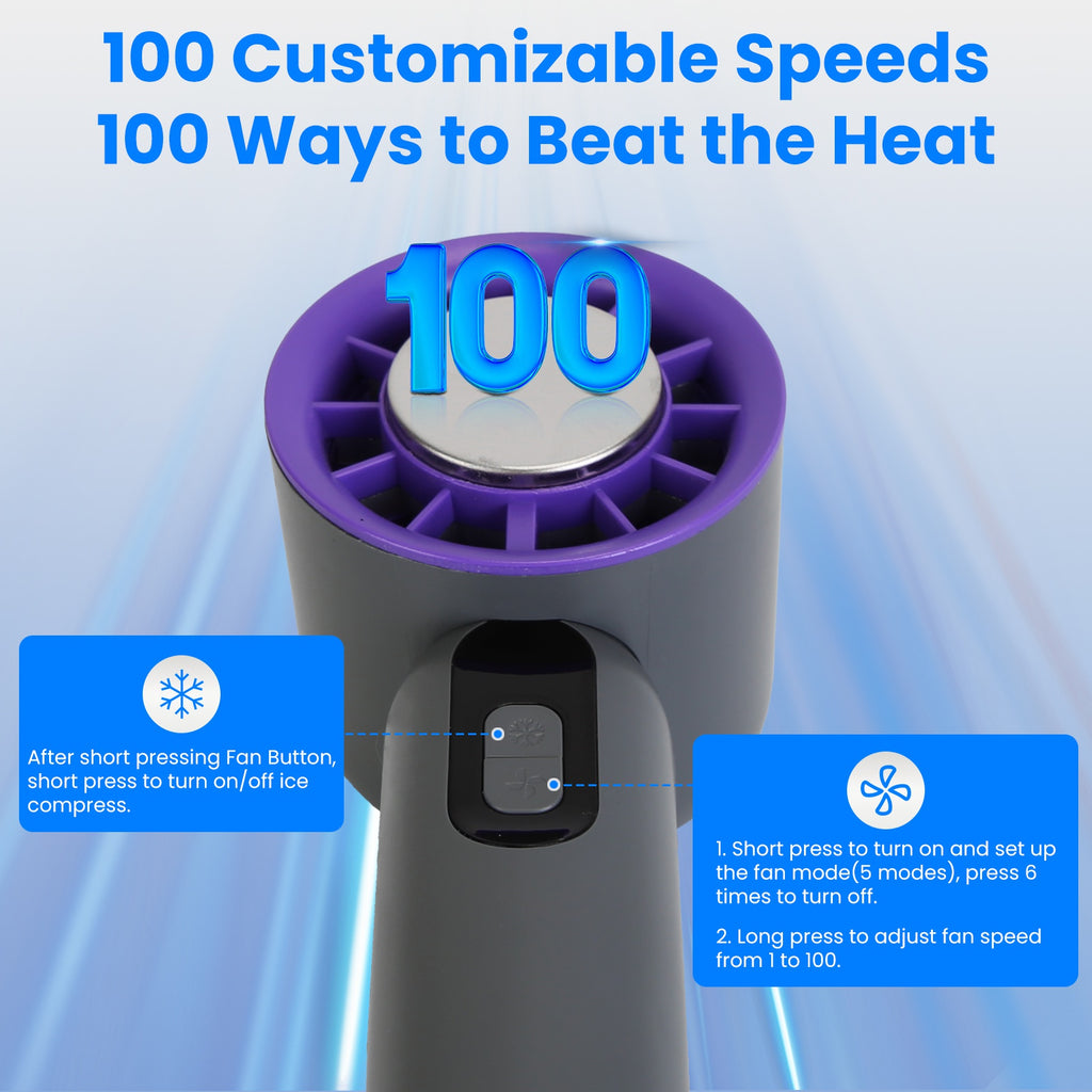 One Hundred Speed Handheld Fan With Ice Cooler High Speed Turbo Fan 3000mAh Rechargeable Hand Fan With LCD Display For Travel Camping Beach Outdoor