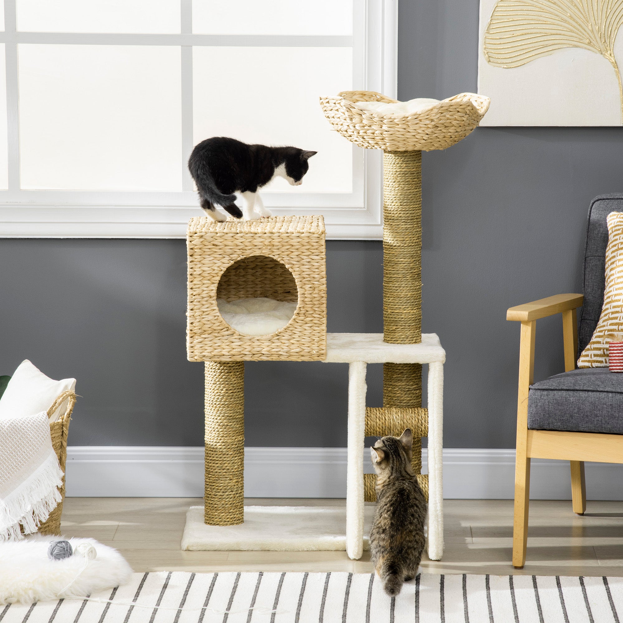 Cattail Weave Cat Tree for Indoor Cats Kitty Tower with Rattan Cat Condo, Wicker Bed, Ladder, Washable Cushions, 22.5" x 14.5" x 39.5", Natural