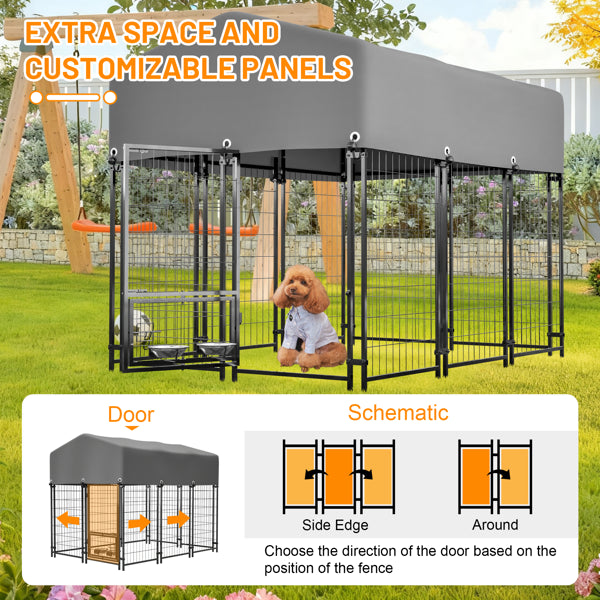 Dog Kennel Outdoor With Roof, 4.23'x5.82'x4.83' Welded Wire Enclosure, Heavy Duty Dog Crate With UV-Resistant Waterproof Cover, Double Lock & Rotating Feeder
