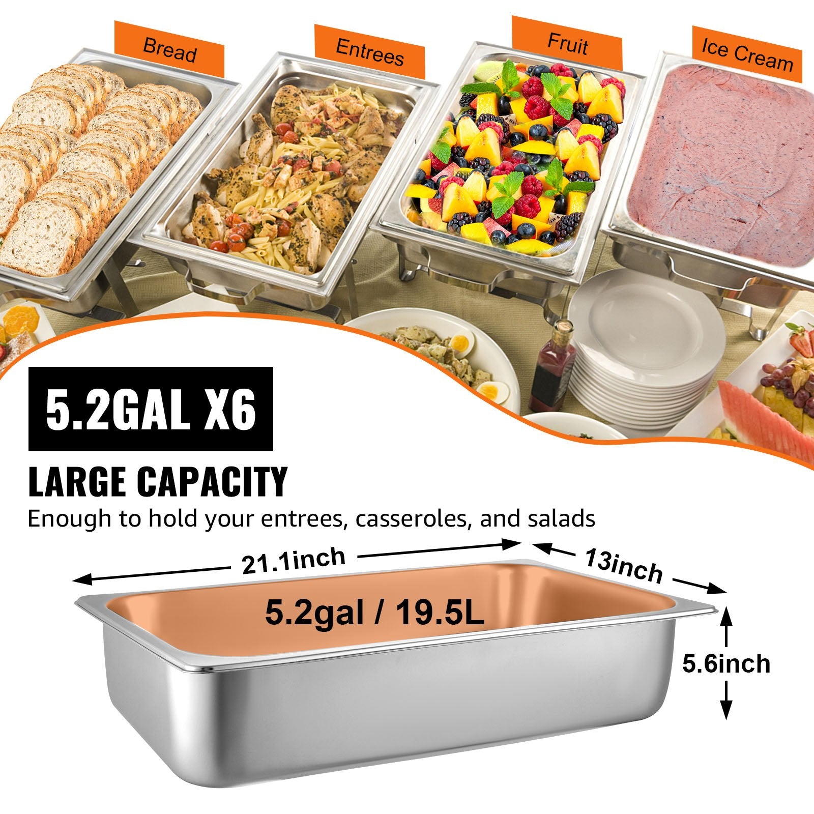 6 Pack Steam Table Pans 20.9 X 12.8 X 5.9 Inch Deep Steam Table Pan Full Size 20.5L Deep Food Container Stainless Steel Oven Tray Hotel Pans Anti-Jam Steam Table Food Pan