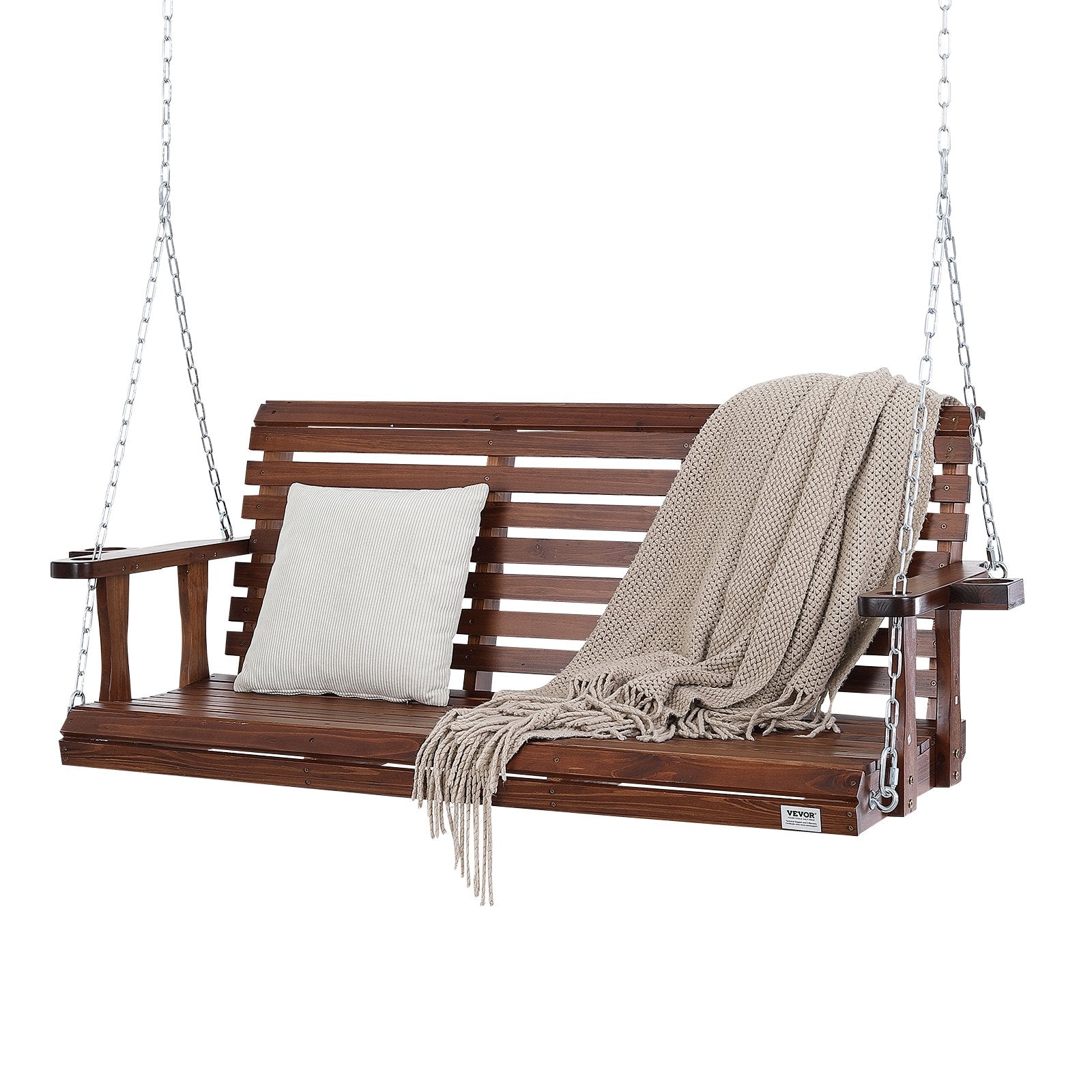 Wooden Porch Swing 5.5 Ft, Patio Bench Swing For Courtyard & Garden, Upgraded 880 Lbs Strong Load Capacity, Heavy Duty Swing Chair Bench With Hanging Chains For Outdoors, Brown