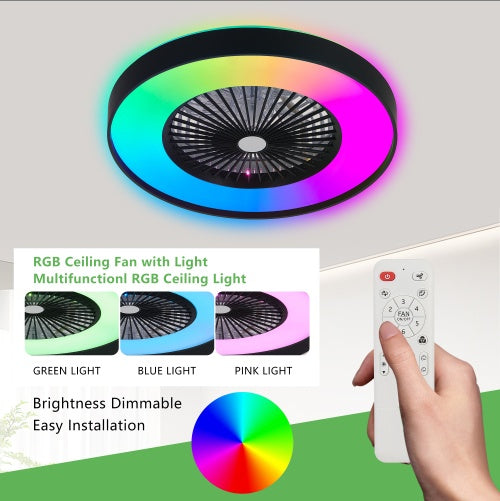 23 Inch Black Ceiling Fan Light With LED RGB  Dimmable & Color-Changing, APP & Remote Control, Modern Smart Ceiling Fan For Living Room, Bedroom, And Dining Room Silent-6Speed-Reversible-DC Motor