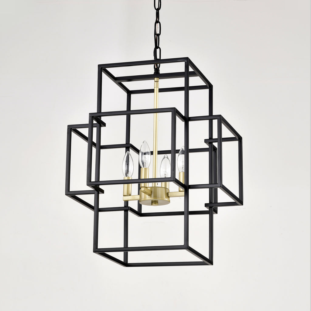 4-Light Metal Lantern Tiered Pendant Hanging Light Fixtures, Industrial Farmhouse Adjustable Height Chandeliers For Dining Room Hallway Foyer Entryway--Matte Black & Gold
