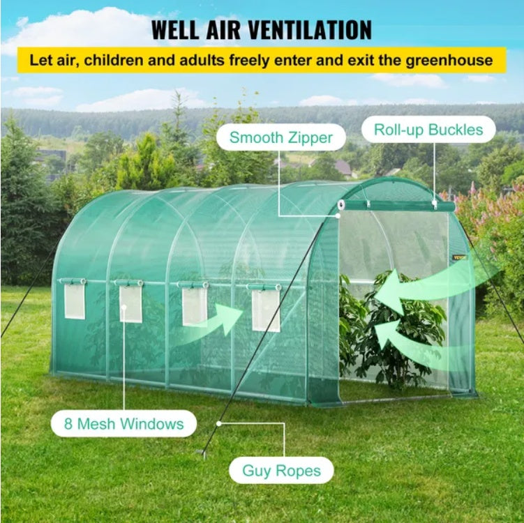 VEVOR Walk-in Tunnel Greenhouse, 14.8 X 6.6 X 6.6 Ft Portable Plant Hot House W  Galvanized Steel Hoops, 1 Top Beam, Diagonal Poles, Zippered Door   8 Roll-up Windows, Green