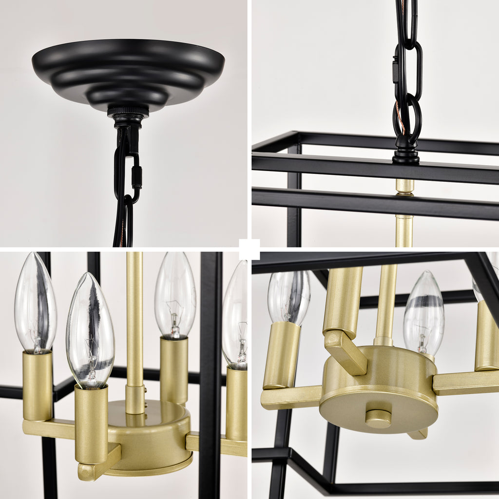 4-Light Metal Lantern Tiered Pendant Hanging Light Fixtures, Industrial Farmhouse Adjustable Height Chandeliers For Dining Room Hallway Foyer Entryway--Matte Black & Gold