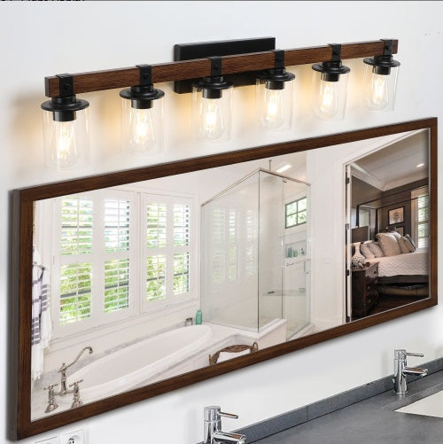 42 Inch Rustic 6-Light Vanity Light, Industrial Bathroom Wall Sconce With Glass Shades And Wood Accent, Modern Farmhouse Lighting Fixture No Bulbs