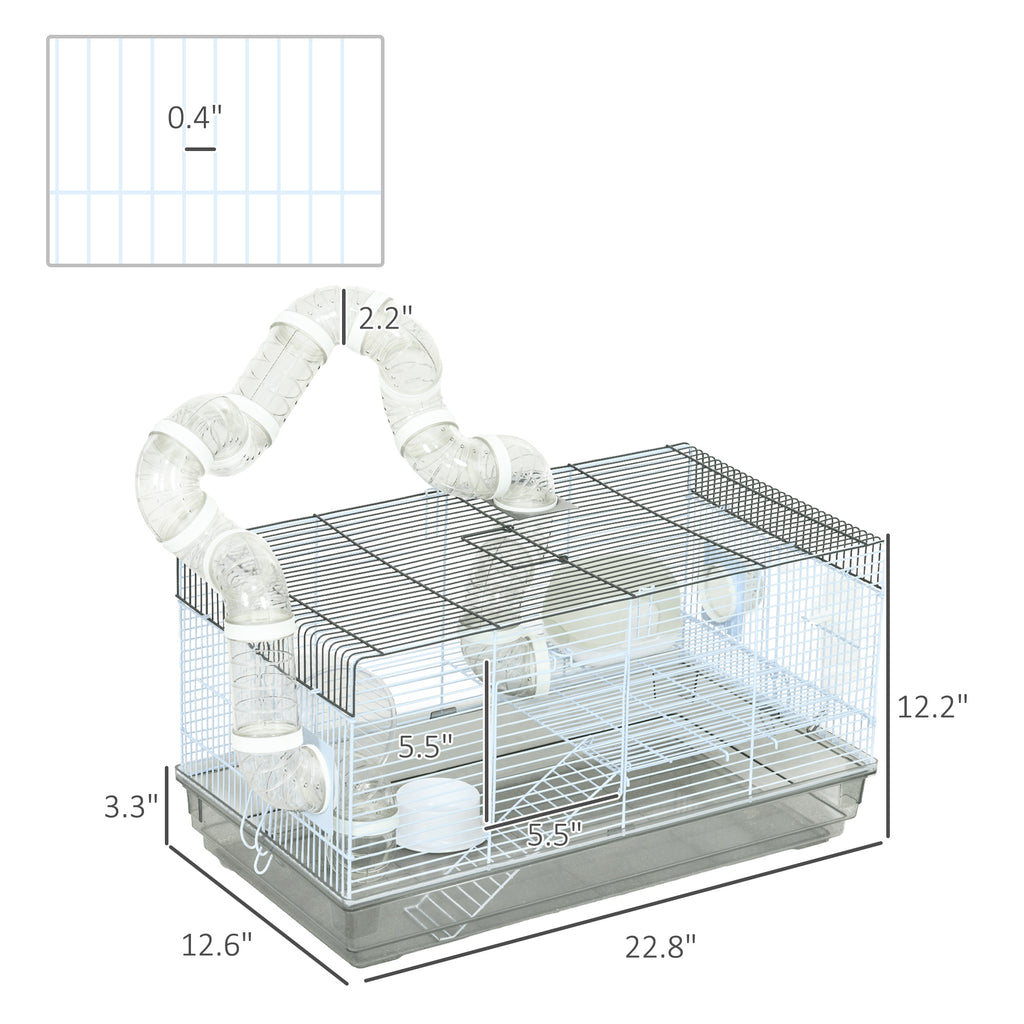 Small Animal Cage for Gerbil or Dwarf Hamster w/ Tubes, Exercise Wheel, Food Dish, Water Bottle, 23" x 13" x 12", Gray