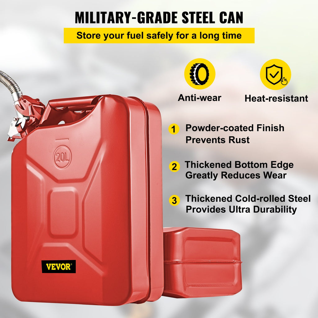 Jerry Fuel Can, 5.3 Gallon / 20 L Portable Jerry Gas Can With Flexible Spout System, Rustproof ＆ Heat-resistant Steel Fuel Tank For Cars Trucks Equipment, 2PCS Red