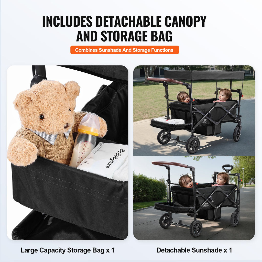 Wagon Stroller For 2 Kids, Push Pull Quad Collapsible Stroller With Adjustable Handle, Encircling Harness Removable Canopy, 4 Wheels With Brakes, Mutifunction Tandem Stroller For Camping Black