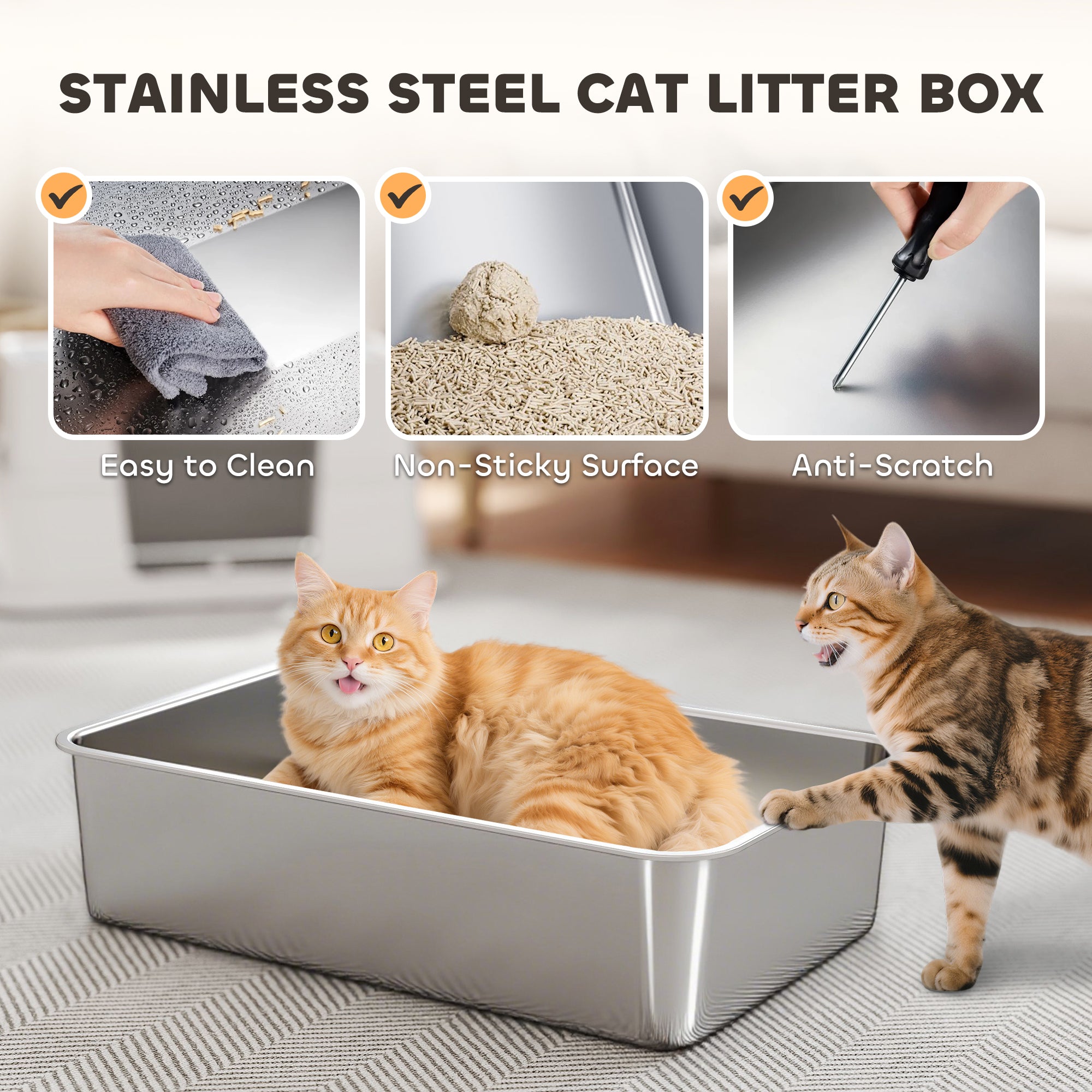 XL Stainless Steel Litter Box w/ 100° Flip Top, Scoop, Step, Top & Side Entry Enclosed Litter Box for Big Cats