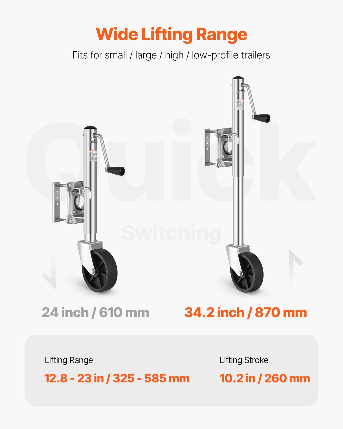 Trailer Jack With Wheel, 1000 Lbs Load Capacity, Heavy Duty Swivel Boat Trailer Jack With PP Single Wheel & Ergonomic Handle, 10-inch Lift, Fit For RVs, Boats, Horse Trailers, Utility Trailers