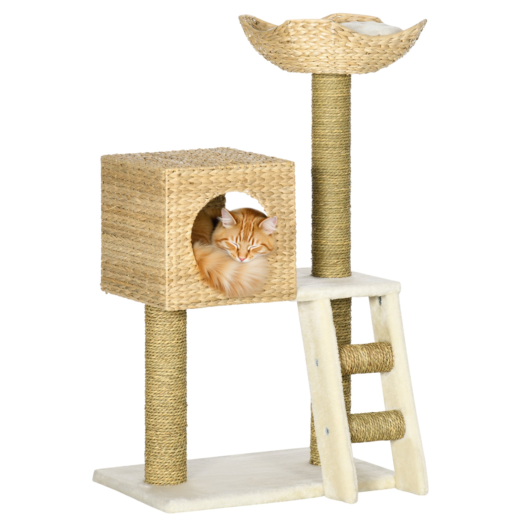 Cattail Weave Cat Tree for Indoor Cats Kitty Tower with Rattan Cat Condo, Wicker Bed, Ladder, Washable Cushions, 22.5" x 14.5" x 39.5", Natural