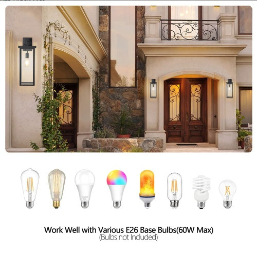 20inch Height Set Of 2 Modern Outdoor Wall Lanterns With Black Metal Frame And Clear Glass, Weatherproof Wall Sconces For Porch, Garage, Or Entryway Lighting, E26 Bulb Compatible No Bulbs