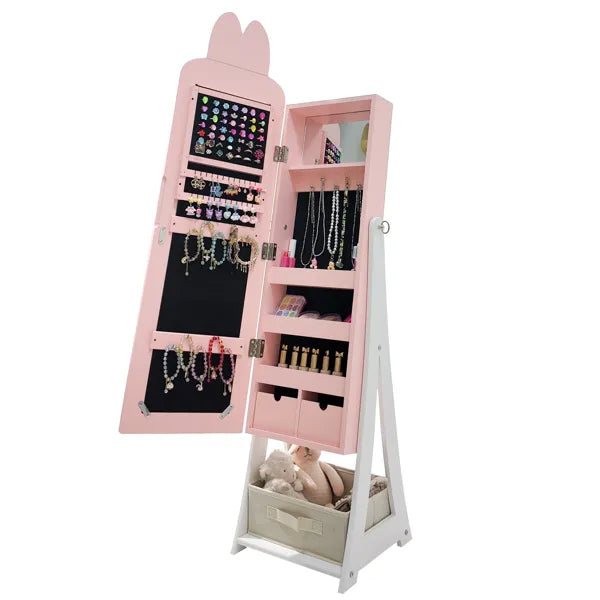 Pink Rabbit-themed MDF Cabinet With Spray Paint Finish, 1 Door And 1 Drawer, Children's Jewelry And Mirror Cabinet