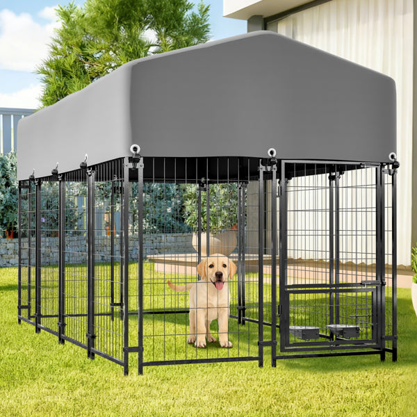 Dog Kennel Outdoor With Roof, 4.23'x7.81'x4.83' Welded Wire Enclosure, Heavy Duty Dog Crate With UV-Resistant Waterproof Cover, Double Lock & Rotating Feeder For Medium/Large Dogs