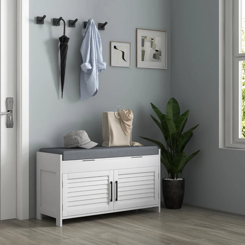 Shoe Storage Bench, Modern Entryway Bench With Cushion, Hidden Compartments, Adjustable Shelves, Shutter Doors, White