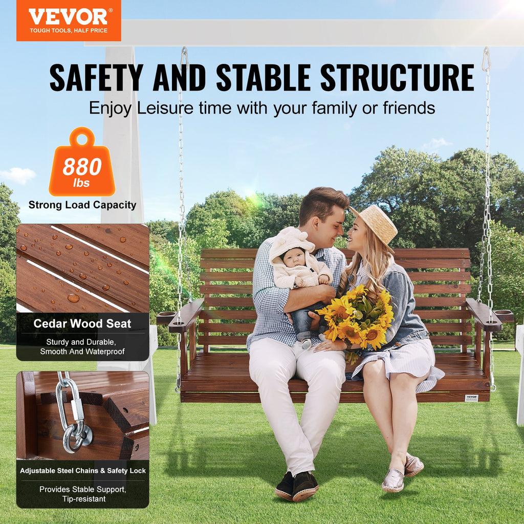 Wooden Porch Swing 5.5 Ft, Patio Bench Swing For Courtyard & Garden, Upgraded 880 Lbs Strong Load Capacity, Heavy Duty Swing Chair Bench With Hanging Chains For Outdoors, Brown