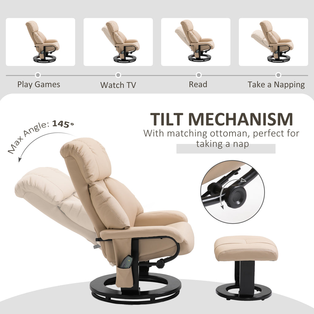 10-Point Massage Recliner Chair, Vibration Massage Sofa with Ottoman Footrest, Faux Leather and Swivel Wood Base for Living Room & Bedroom, Beige