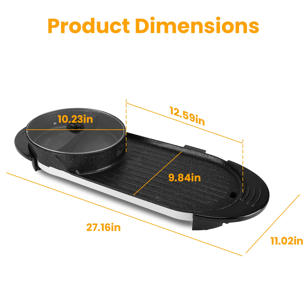 2200W  2 In 1 Electric Hot Pot With BBQ Grill Cooker Smokeless Non-Stick Korean BBQ Grill Shabu Shabu Hot Pot With Independent Temperature Control 5 Gears Firepower For 2-10 People