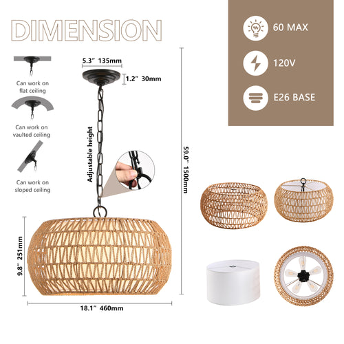 18inch Farmhouse Pendant Light With Adjustable Height, Boho Woven Jute Rope Hanging Ceiling Light Fixture, E26 Base, 60W Max, Compatible With Flat, Vaulted, And Sloped Ceil Bulb Not Included