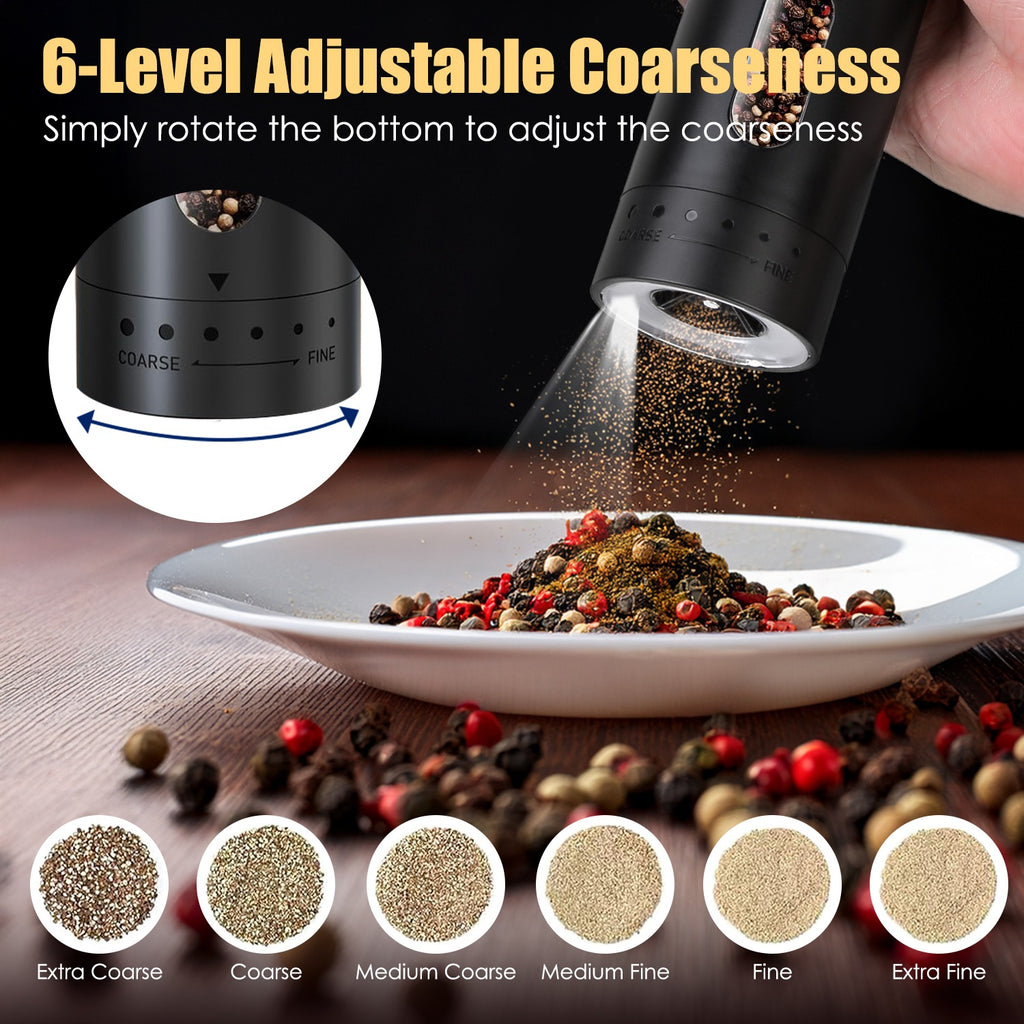 1Pc  Electric Pepper Grinder USB Rechargeable Pepper Mill Automatic Salt Grinder With 6 Adjustable Coarseness LED Light 110ML Container One Hand Operation For Kitchen Essential